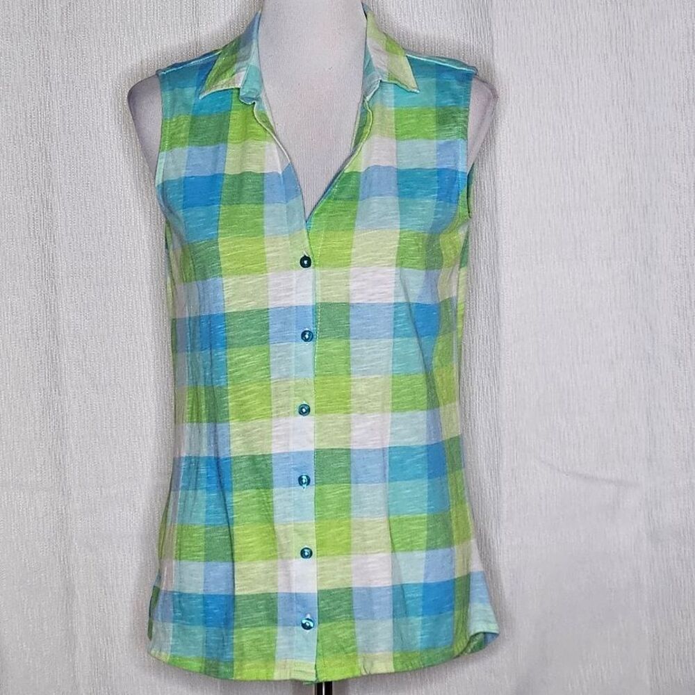 Kiwi Fresh Bright Plaid V- Neck Sleeveless Button Front Cotton Blend Knit Blouse